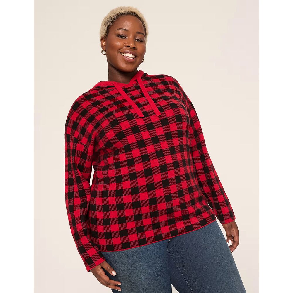 Lane Bryant 26/28 Red Black Buffalo Plaid Hoodie Sweater Plus Size
